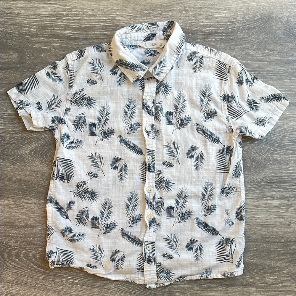 Mango Button Down Shirt with Tropical Print, blue/white